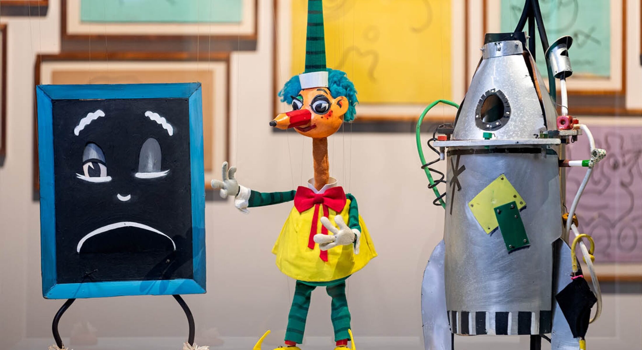 Blackboard, Mr Squiggle and Rocket reunited and on display at the National Museum